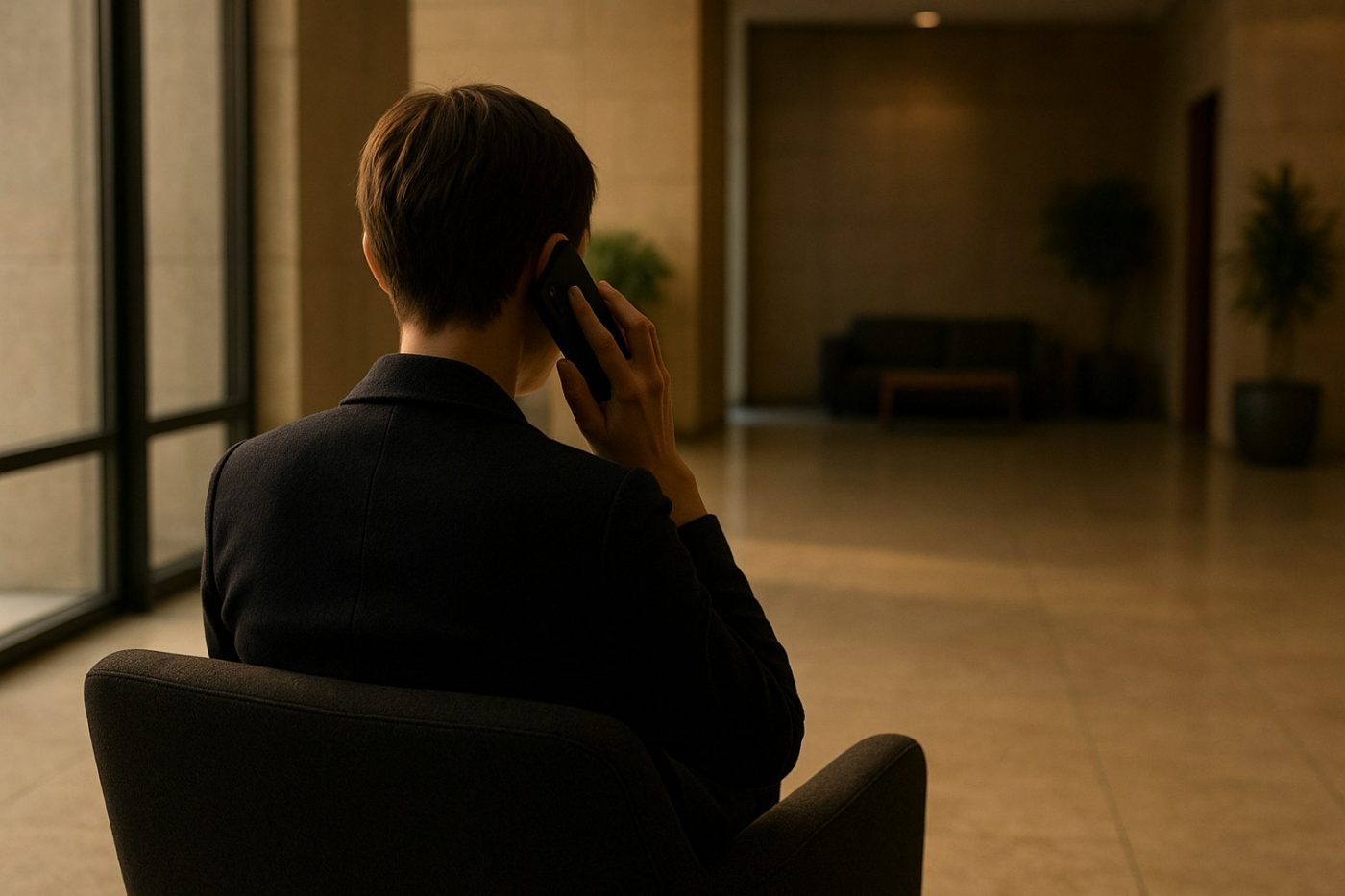 Person on phone in lobby