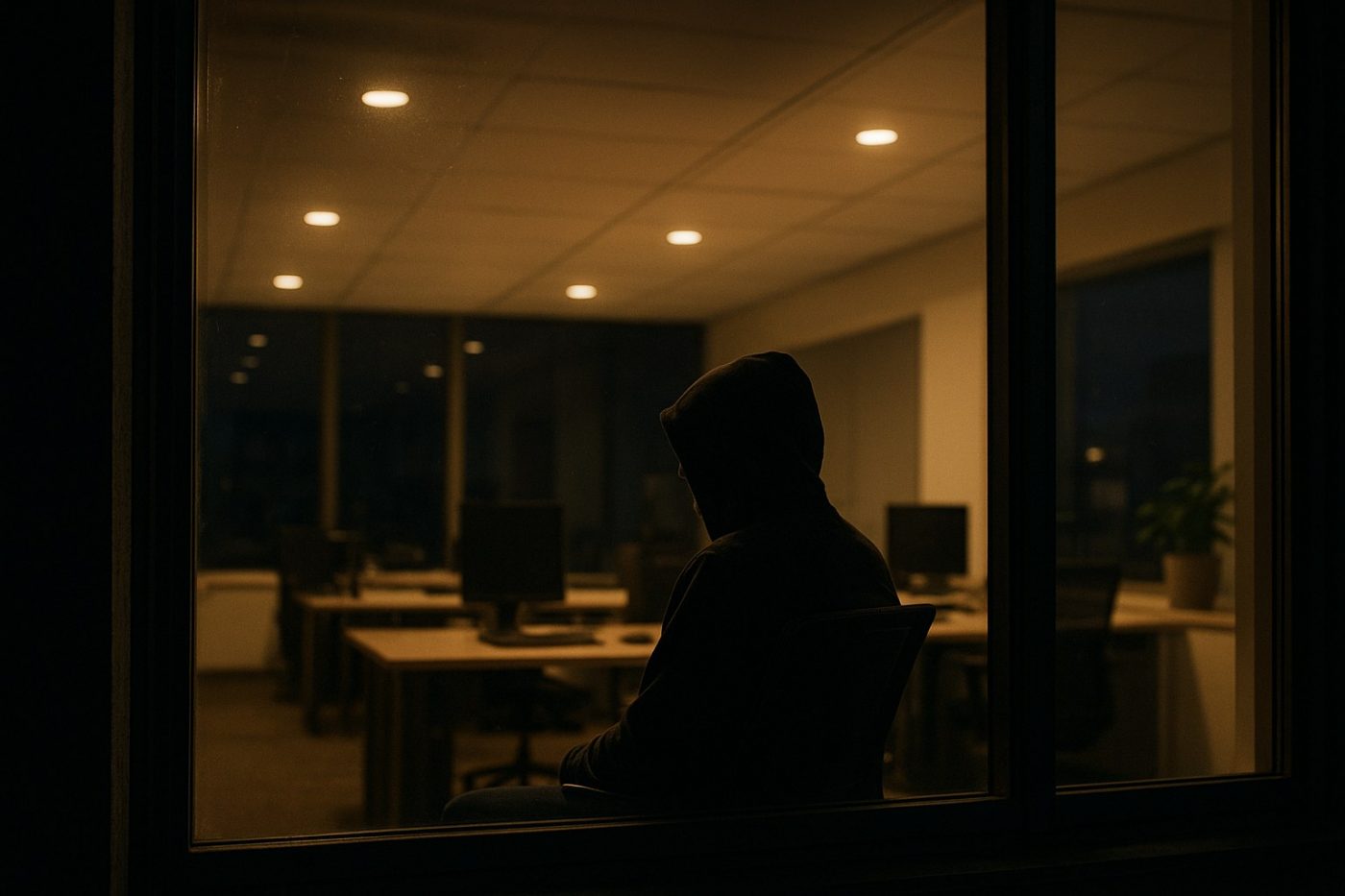 Nighttime office window reflection