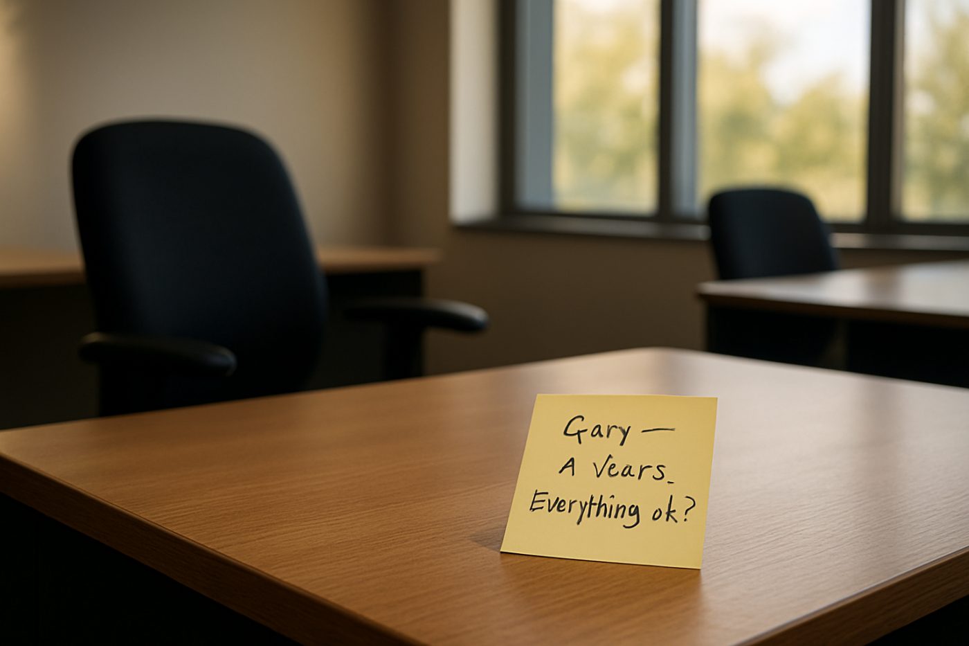 Empty desk with note