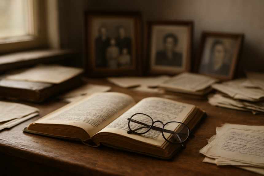 Memory-filled annotated book desk