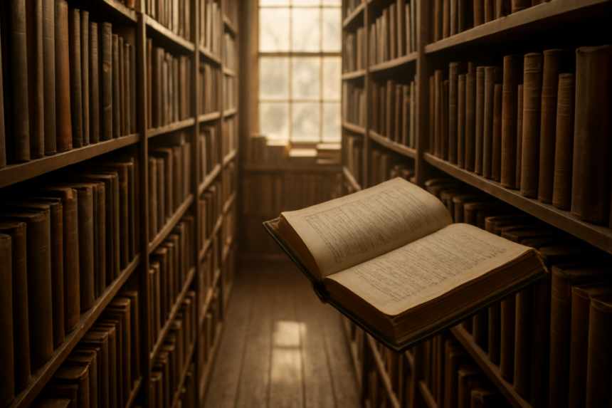Annotated vintage book aisle