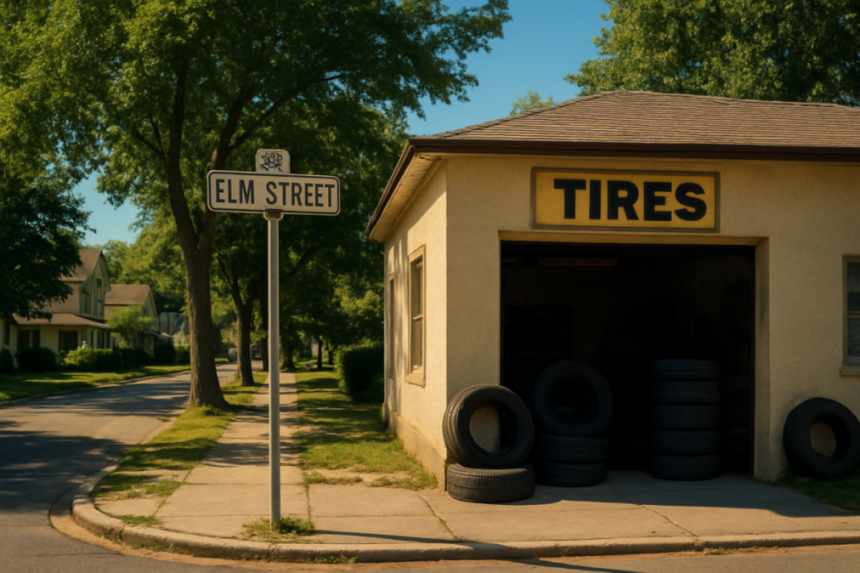 Elm Street sign tire shop