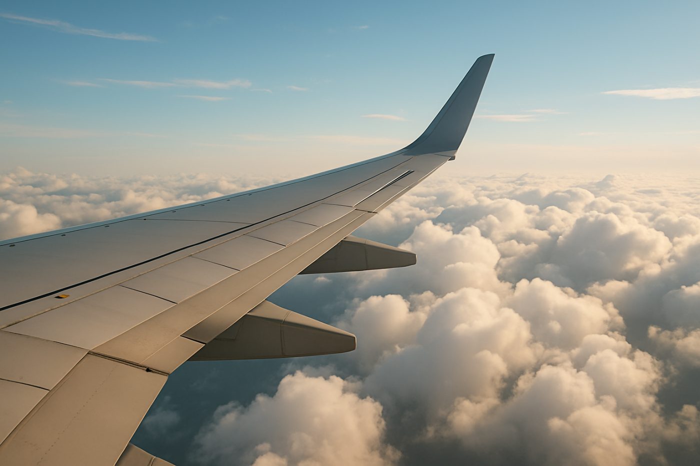Airplane wing flying clouds