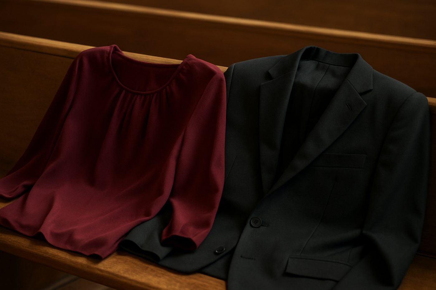 Burgundy blouse on pew