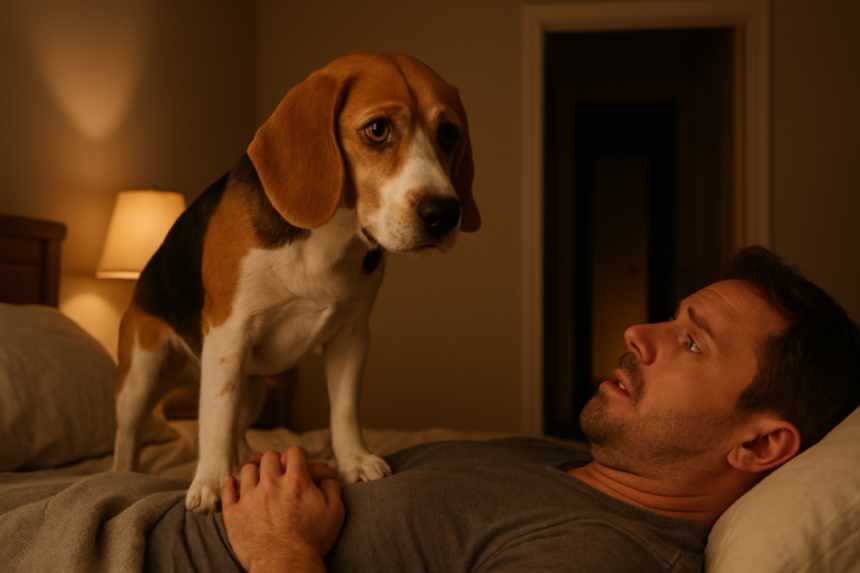 Beagle alert on man