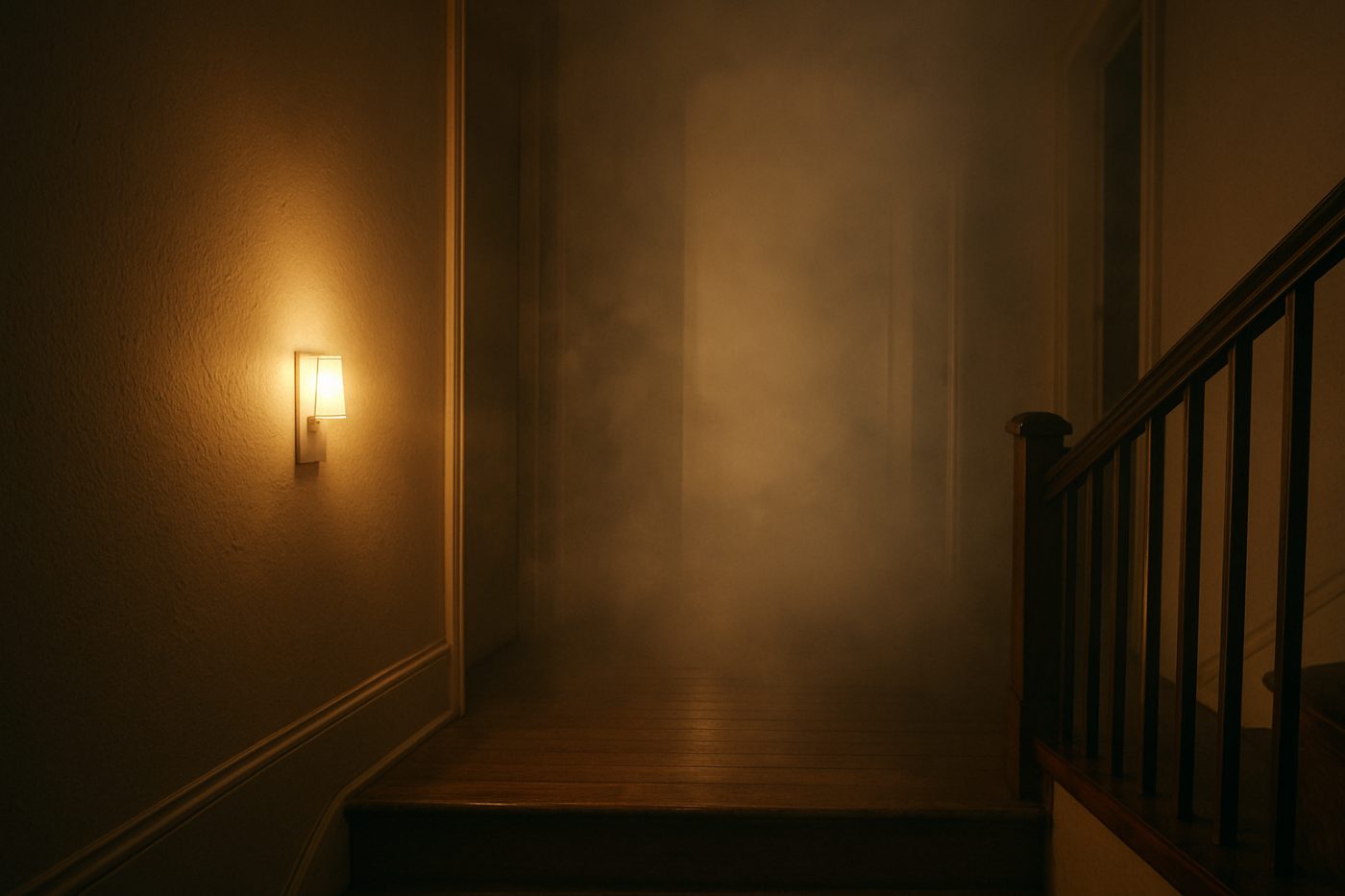 Smoky hallway with stairs