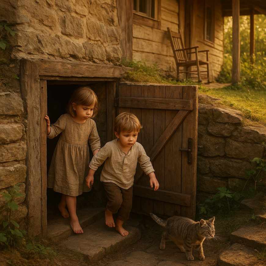 Children and barn cat in cellar