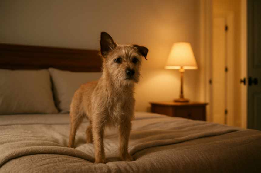 alert terrier on bed