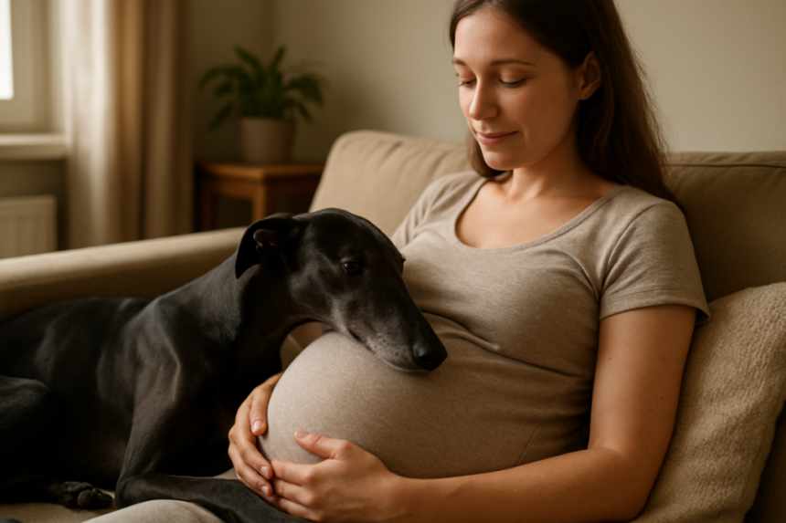 greyhound resting on pregnant belly