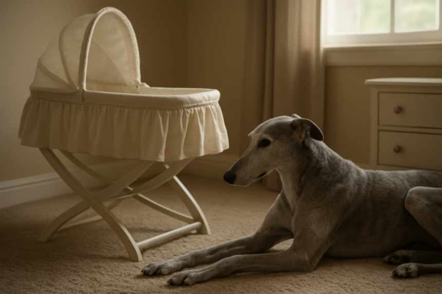 greyhound beside baby bassinet