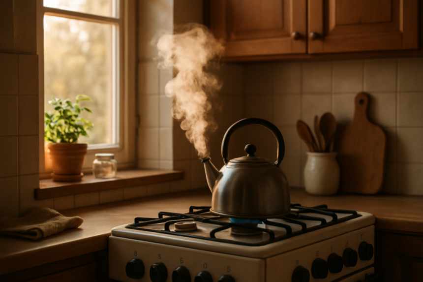 Kettle steaming in kitchen