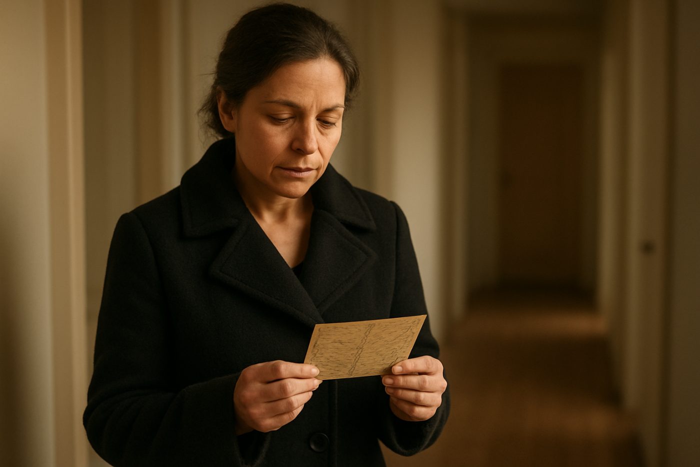 Mother reading postcard quietly