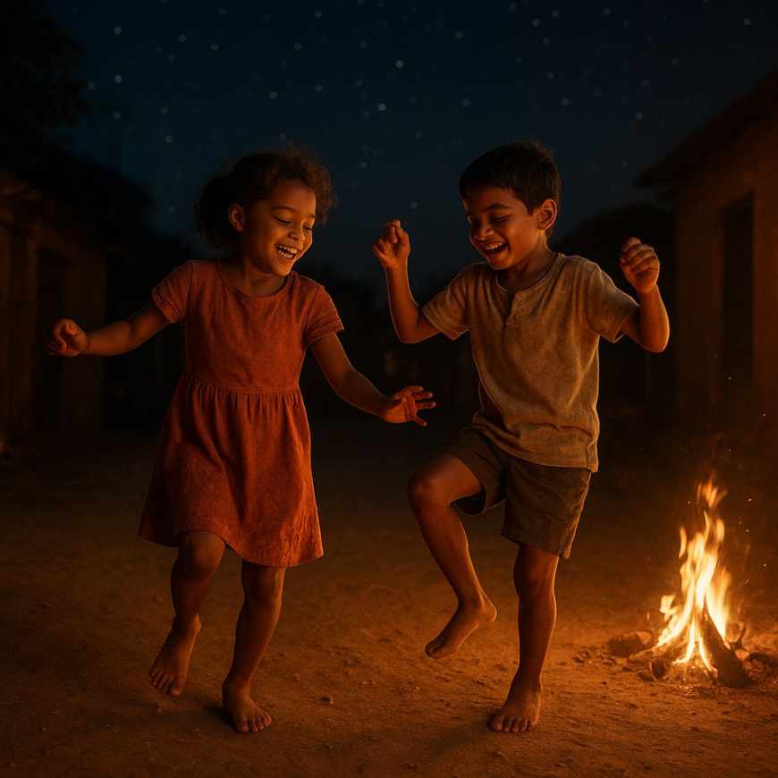 Children dancing in firelight