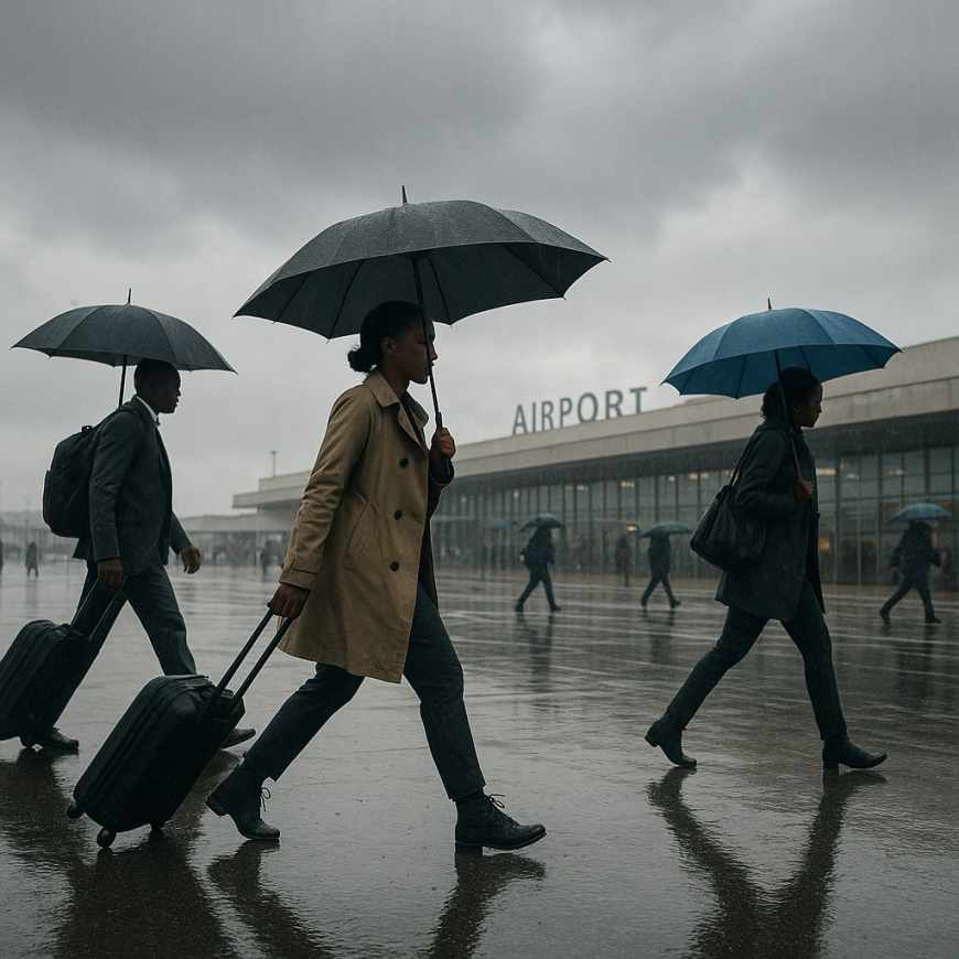 Rainy airport arrival atmosphere