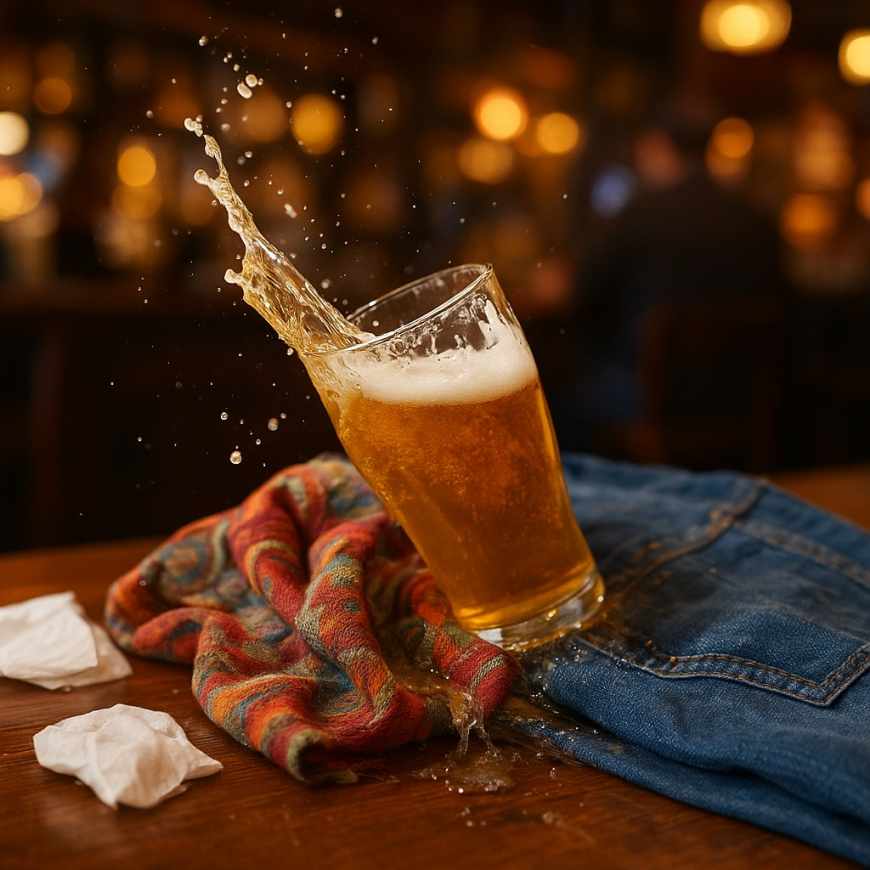 Beer spill on scarf and jeans