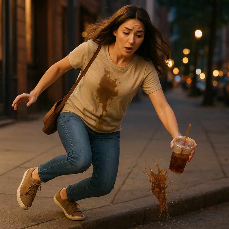 Woman spilling iced tea curbside