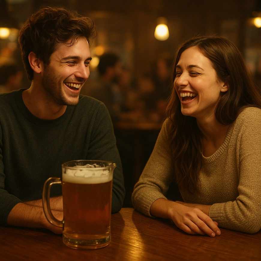 Laughing couple at bar date