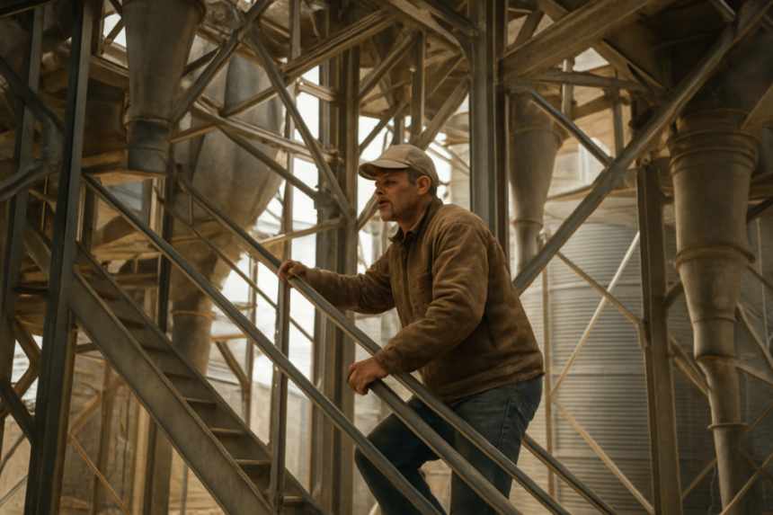 Elevator operator climbing