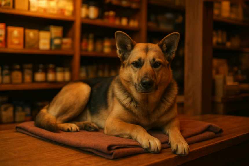Shepherd dog in store