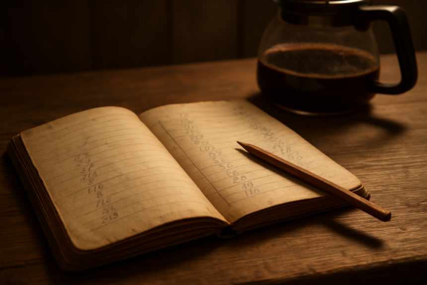 Worn notebook and coffee
