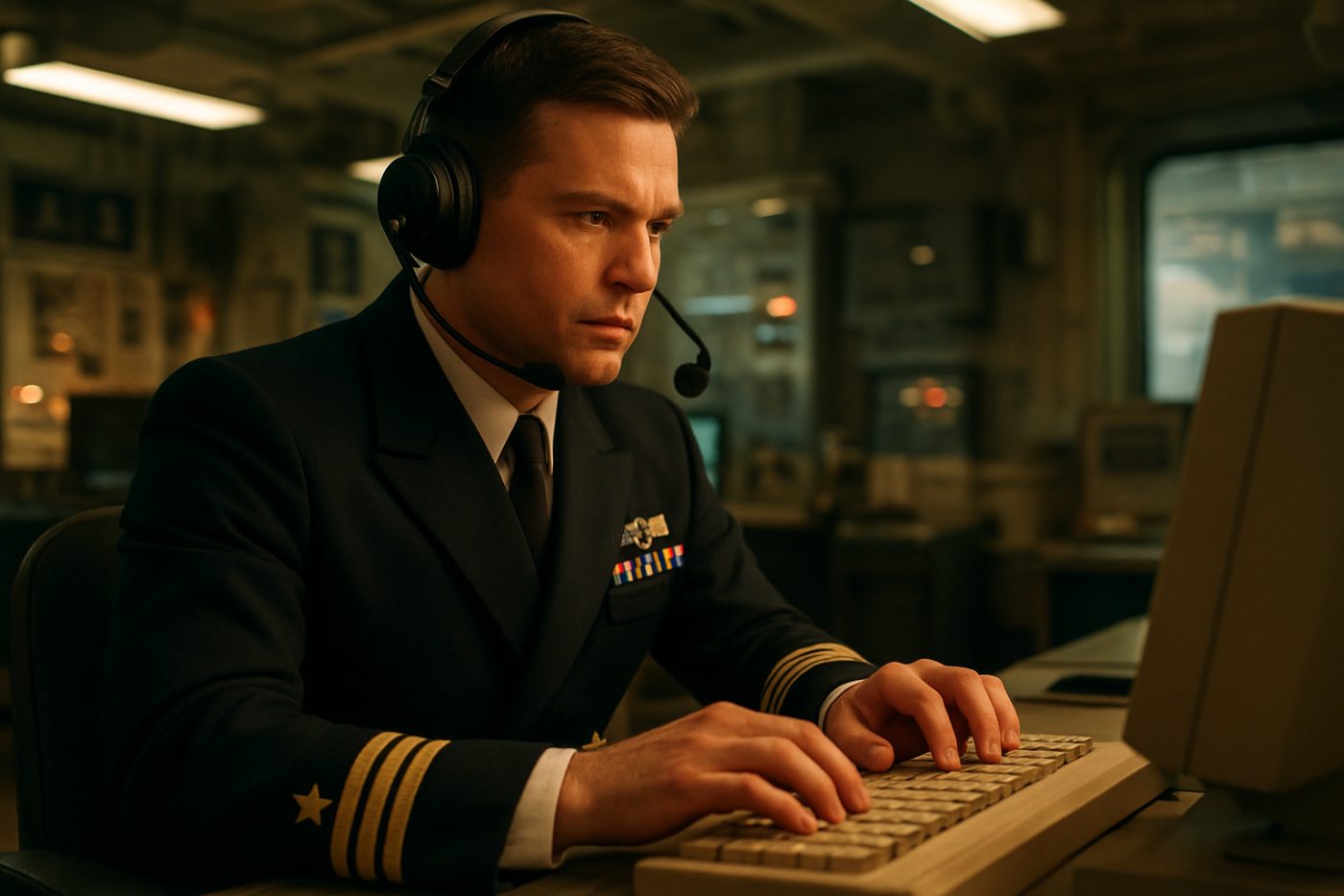 naval officer typing entry