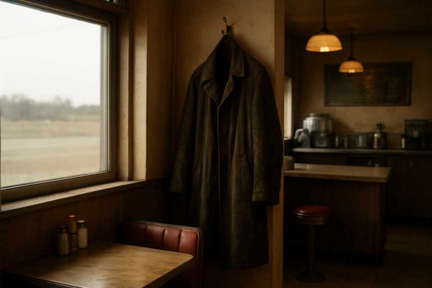 worn coat on hook