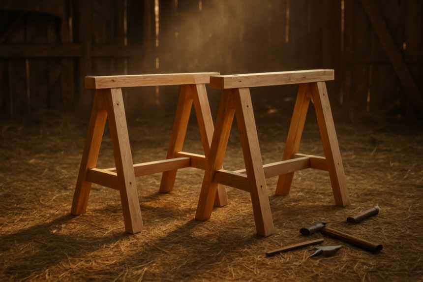 Handmade sawhorses in barn