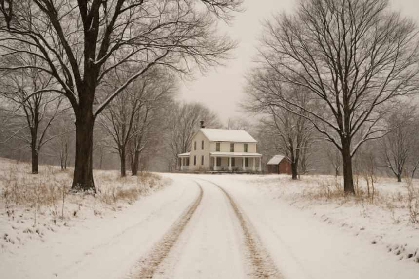 Snowy farmhouse driveway