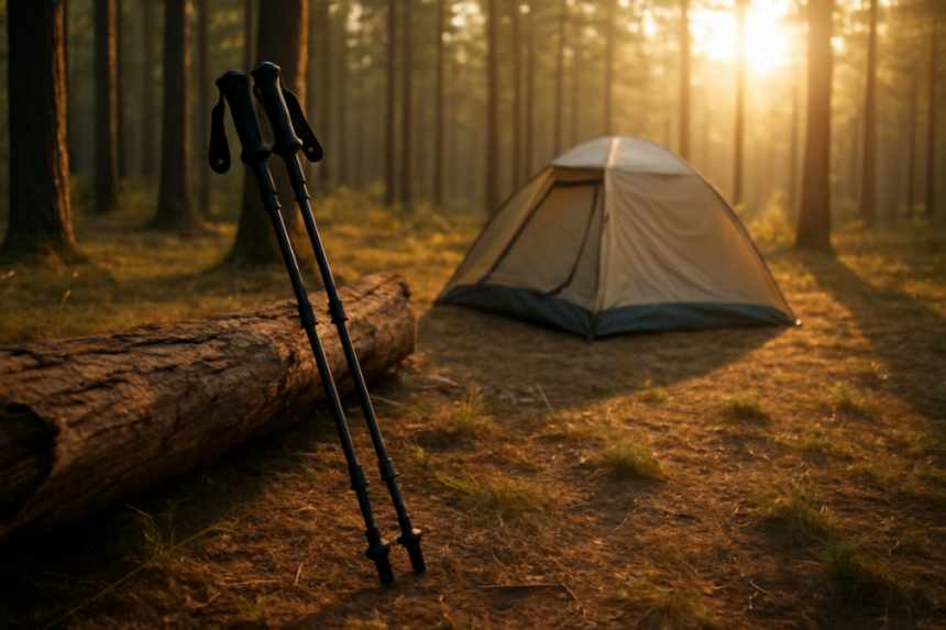 Trekking poles by campsite