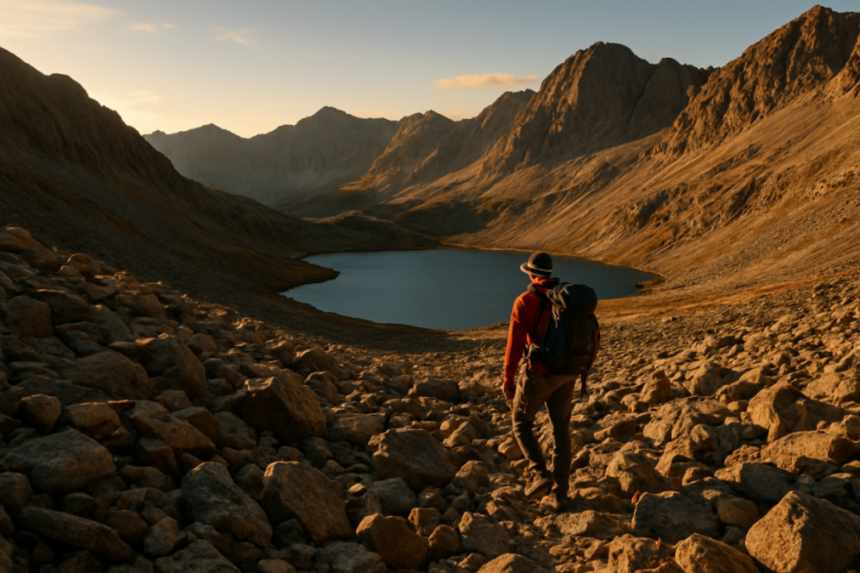 Solitary hiker on talus slope