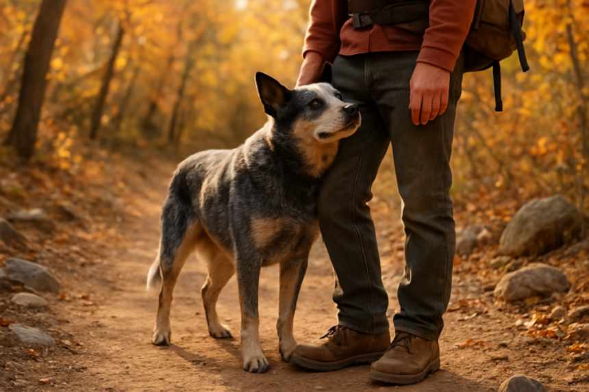 Blue heeler dog at trail
