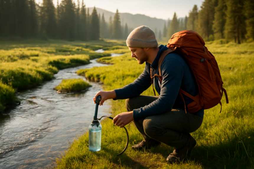 Backpacker filtering creek water