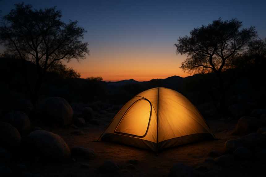 Tent glowing at twilight