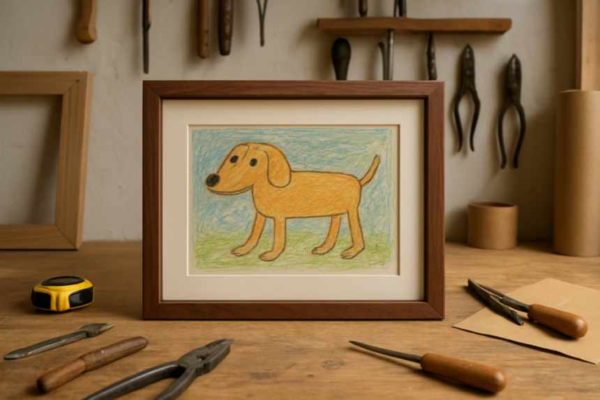 Framed childhood drawing display