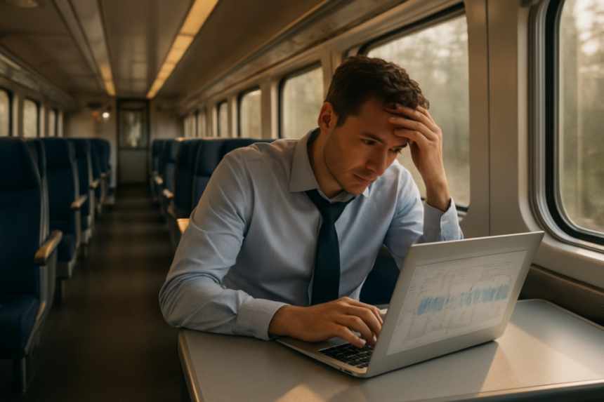 Man struggling with spreadsheet train