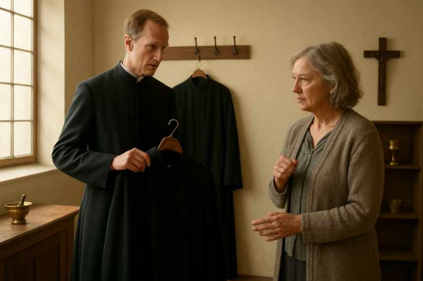 vicar offers cassock to mother