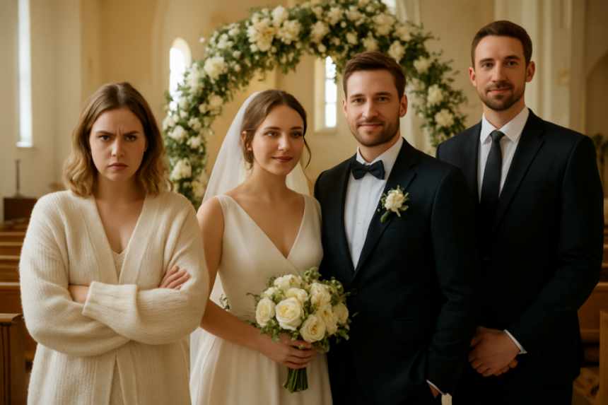 furious cardigan in wedding photo