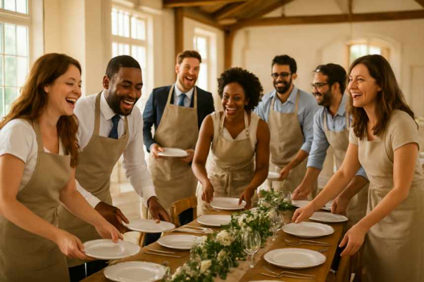Wedding guests setting table