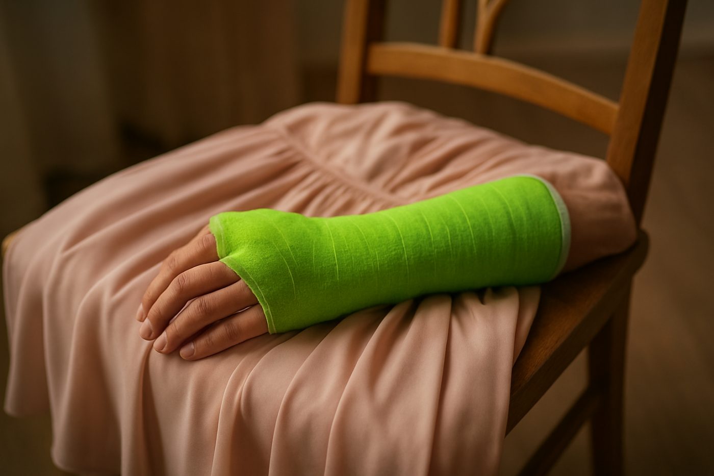 Lime green wrist cast on dress