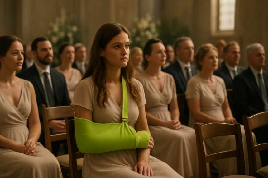 Bridesmaid with lime cast seated