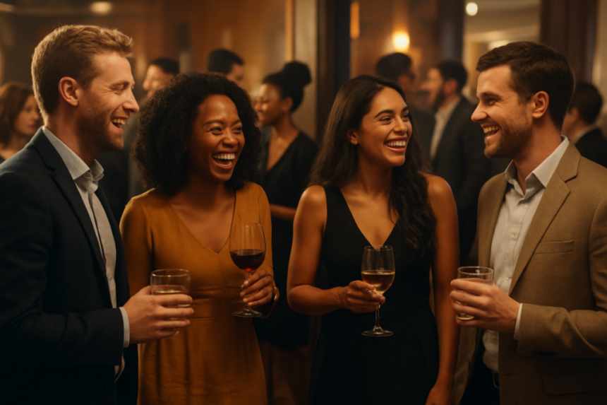 Guests mingling over divider