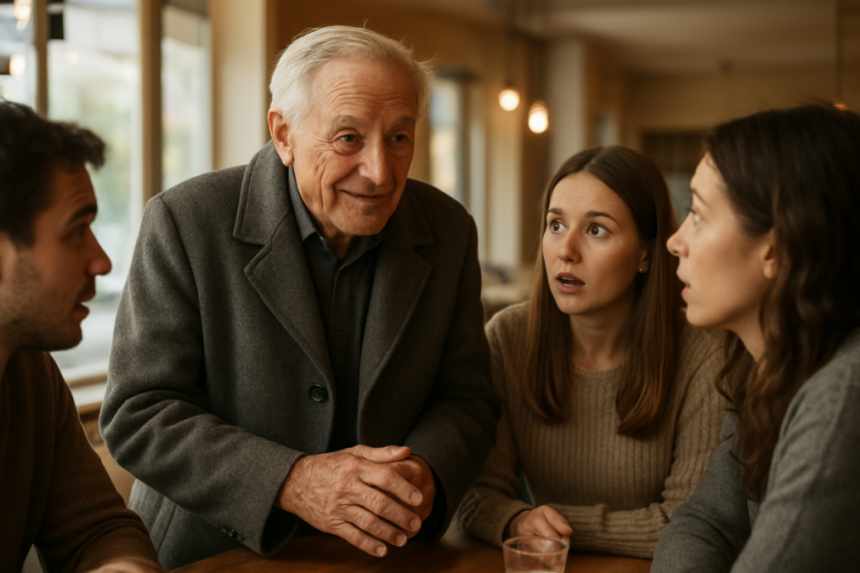 Grey-coated man greeting group