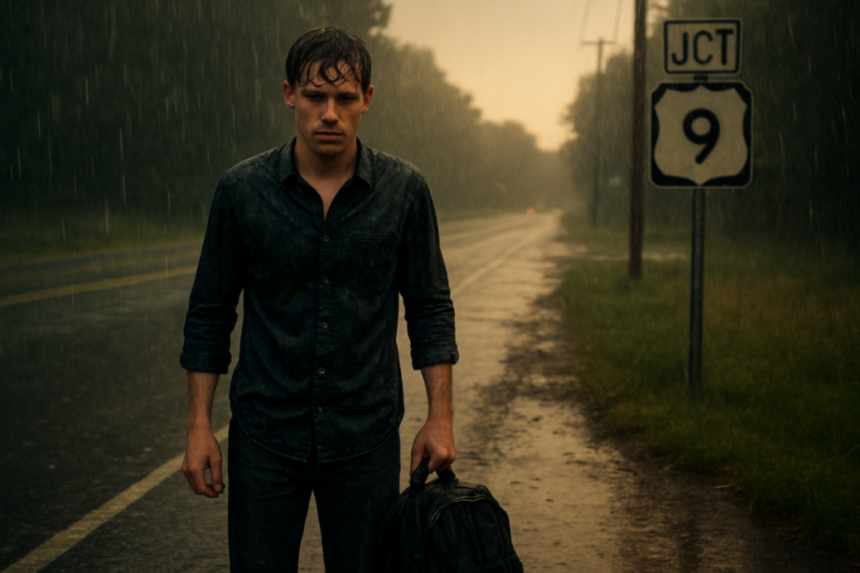 Rain-soaked hitchhiker roadside