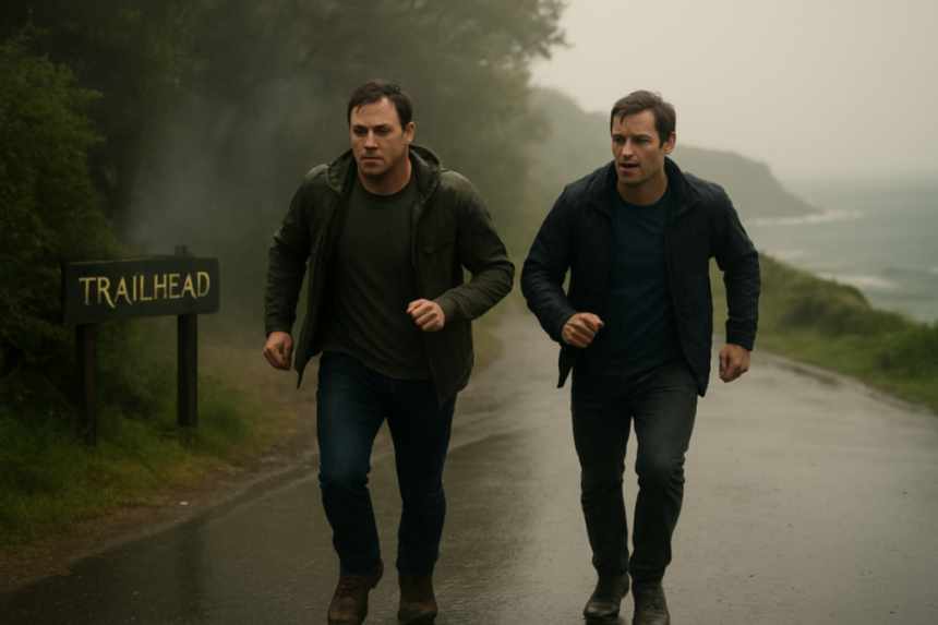 Men leaving cliff path trail