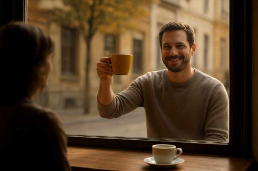 Man toasting outside cafe window