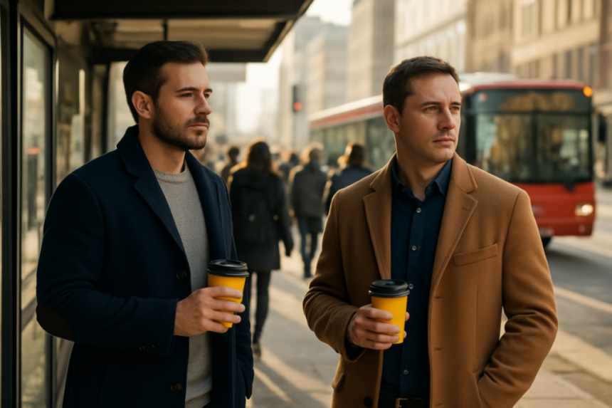 Commuters with matching coffee cups