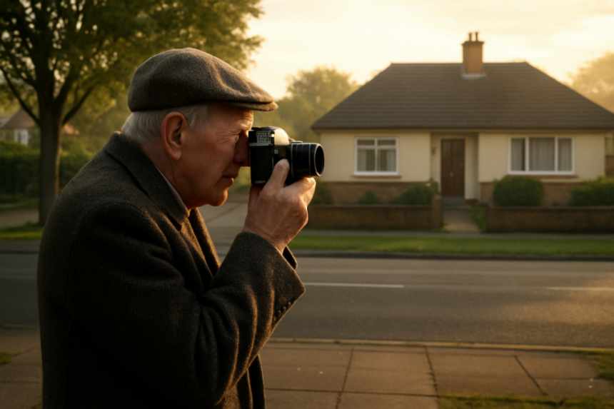 Elderly man photographing house