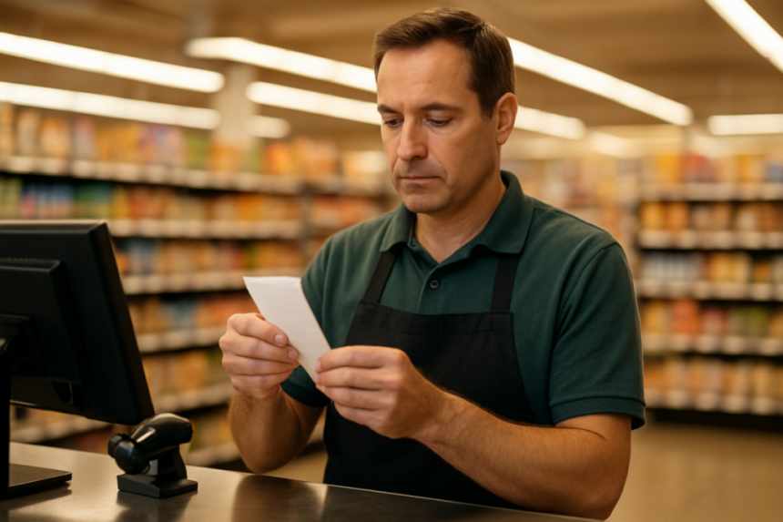 store manager checking receipt