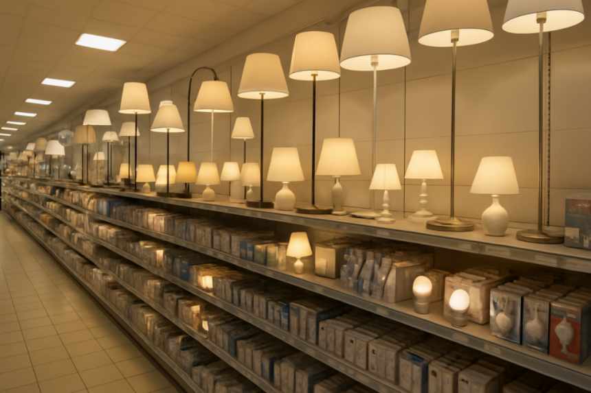 supermarket aisle with lamps
