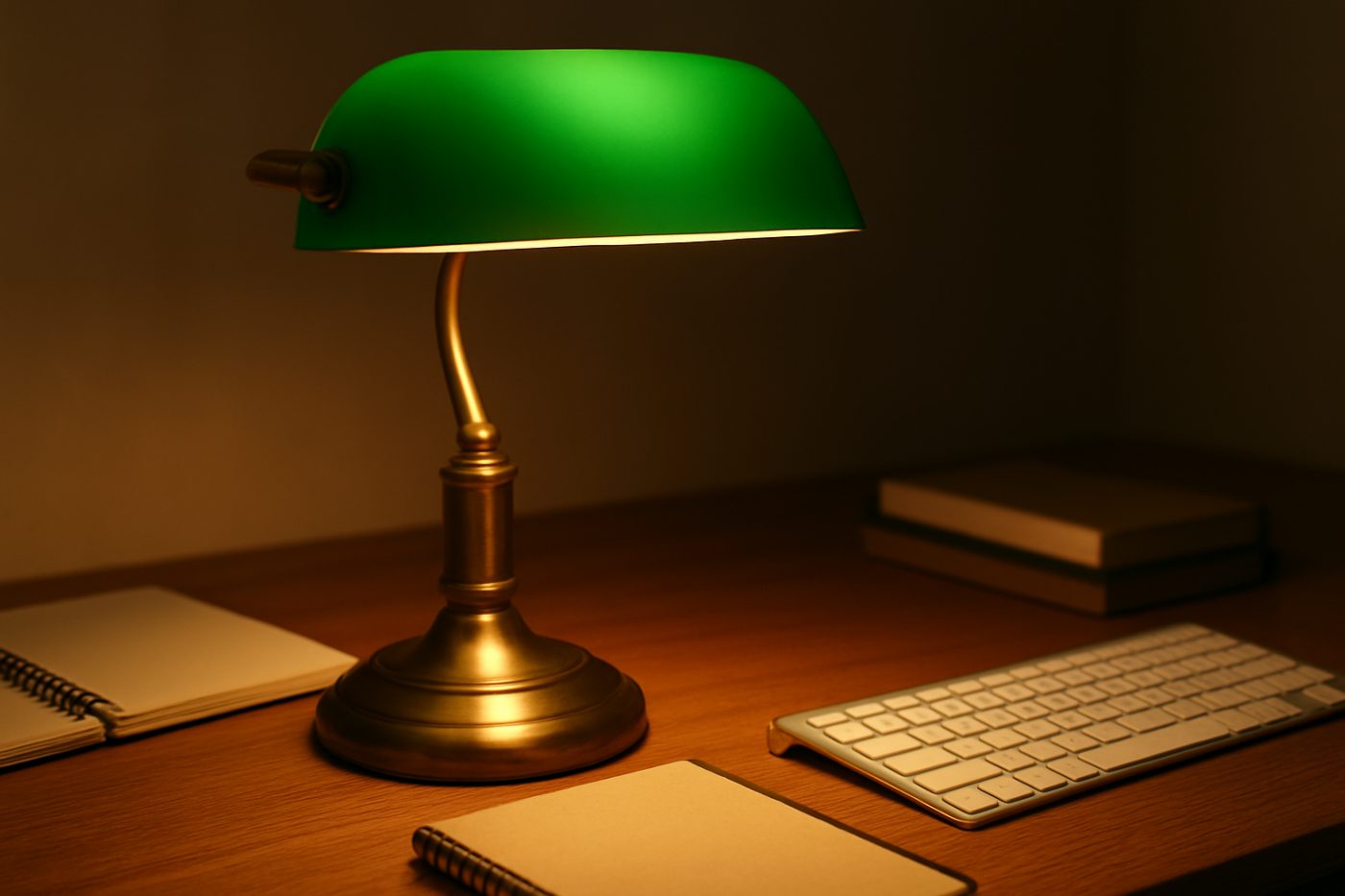 green desk lamp on desk
